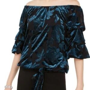 NWT Pissaro Nights Women Teal Tie Front Printed Short Sleeves Size PM